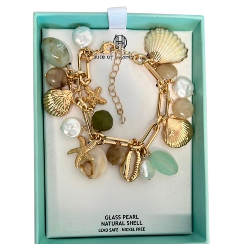 💚▪️House Of Harlow ▪️1960 Charm Bracelet Paperclip Starfish Seashell Pearl
